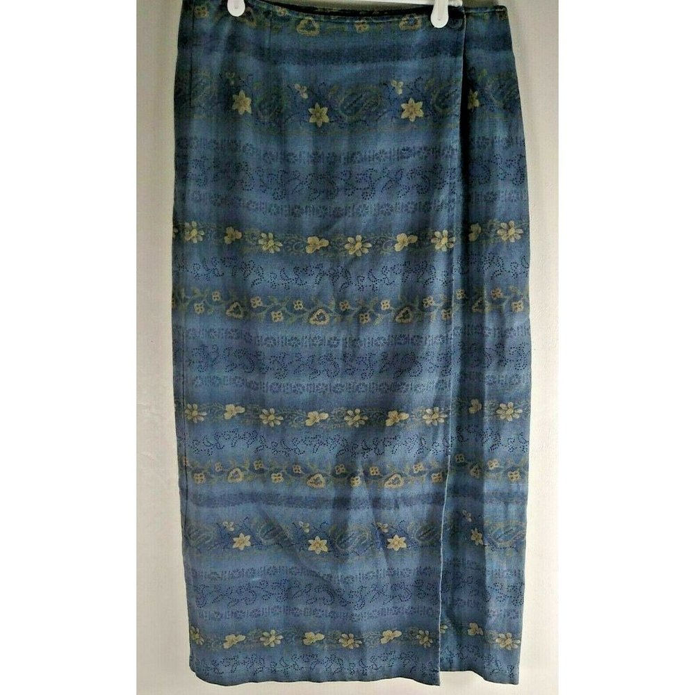 Eddie Bauer Skirt Faux Wrap Pencil Midi Blue Floral Linen Blend Size 12